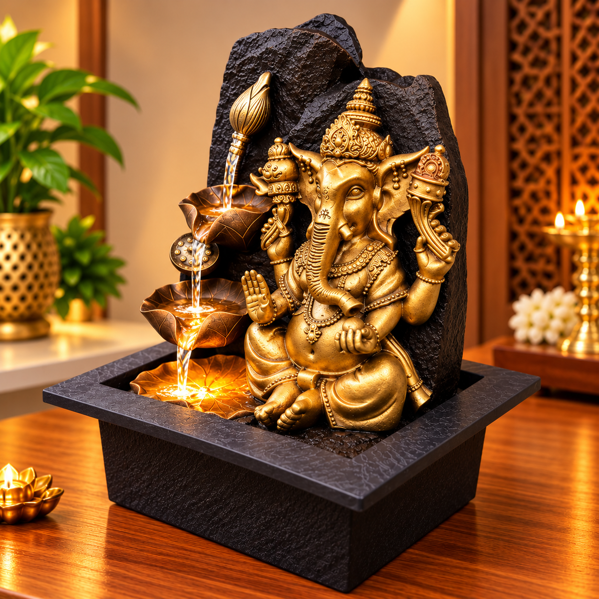 Lotus Cascade Ganesha Water Fountain