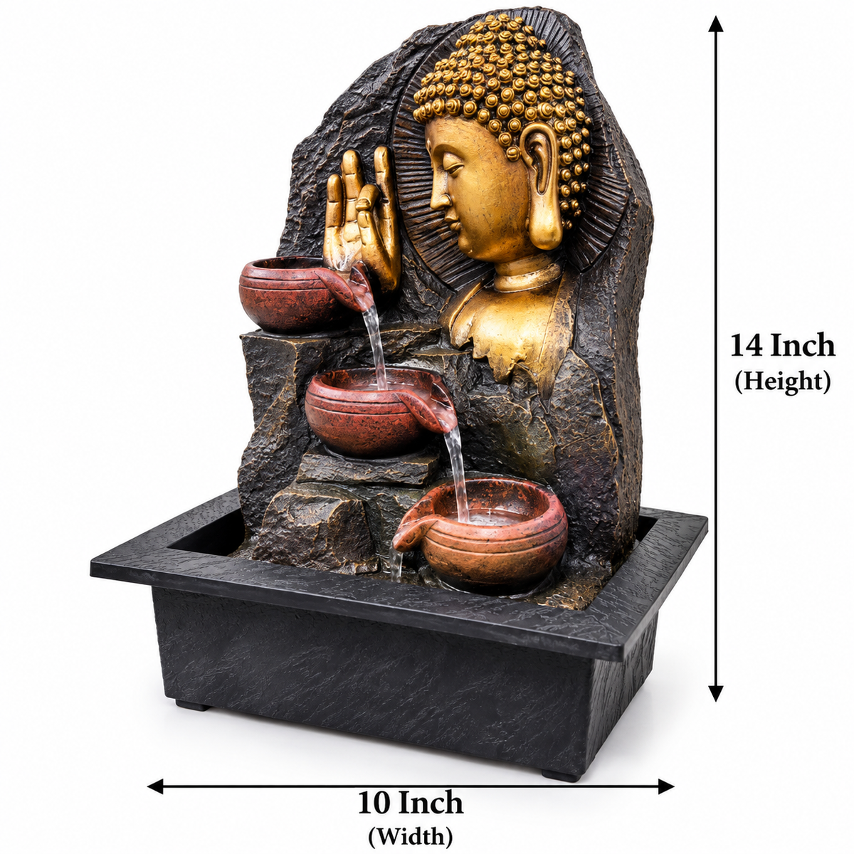 Buddha Water Fountain with 3-Tier Terracotta Bowls