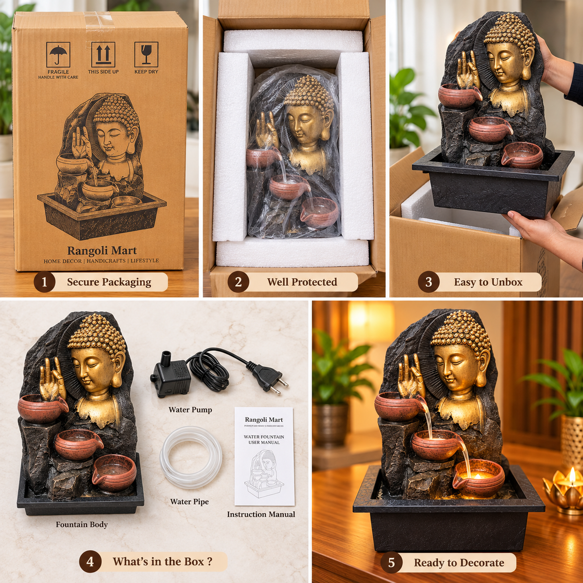 Buddha Water Fountain with 3-Tier Terracotta Bowls