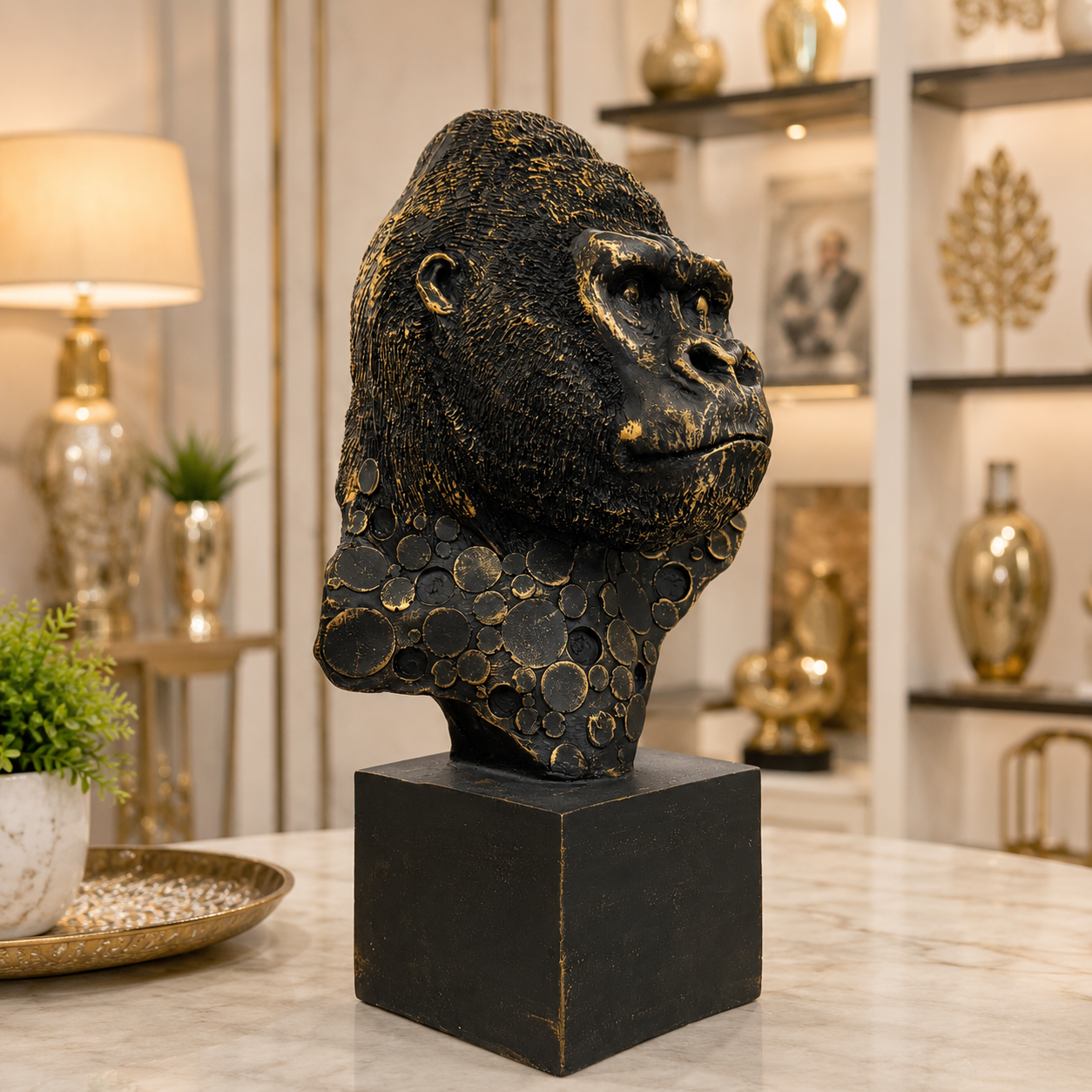 Luxury Gorilla Bust Statue with Artistic Coin Design
