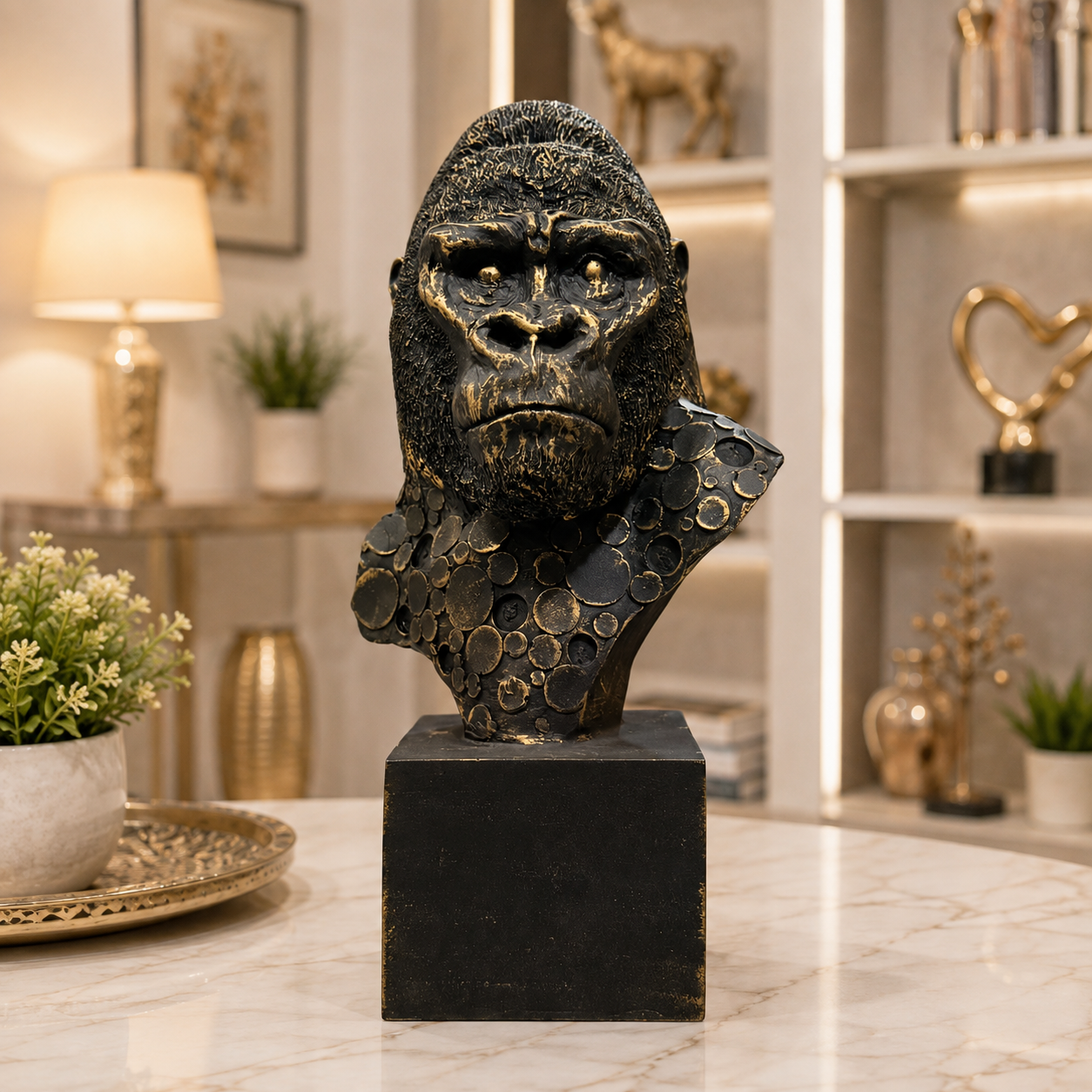 Luxury Gorilla Bust Statue with Artistic Coin Design