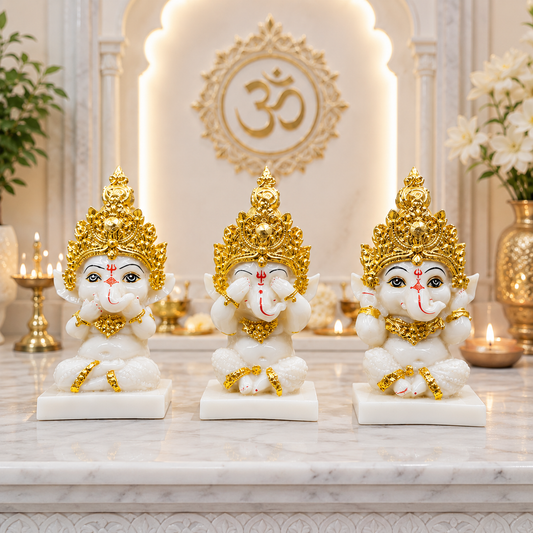 Premium Gold Plated Three Wise Ganesha Idol Set