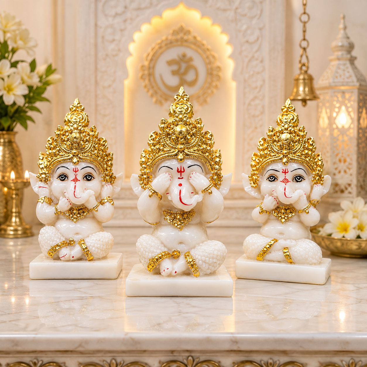 Premium Gold Plated Three Wise Ganesha Idol Set