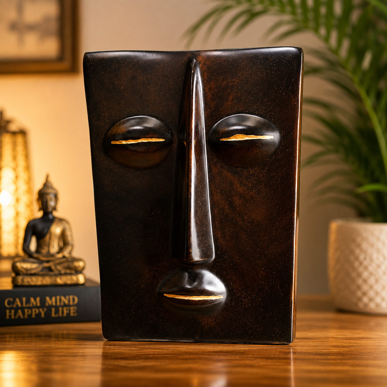 Handcrafted Black Face Planter with Golden Accents