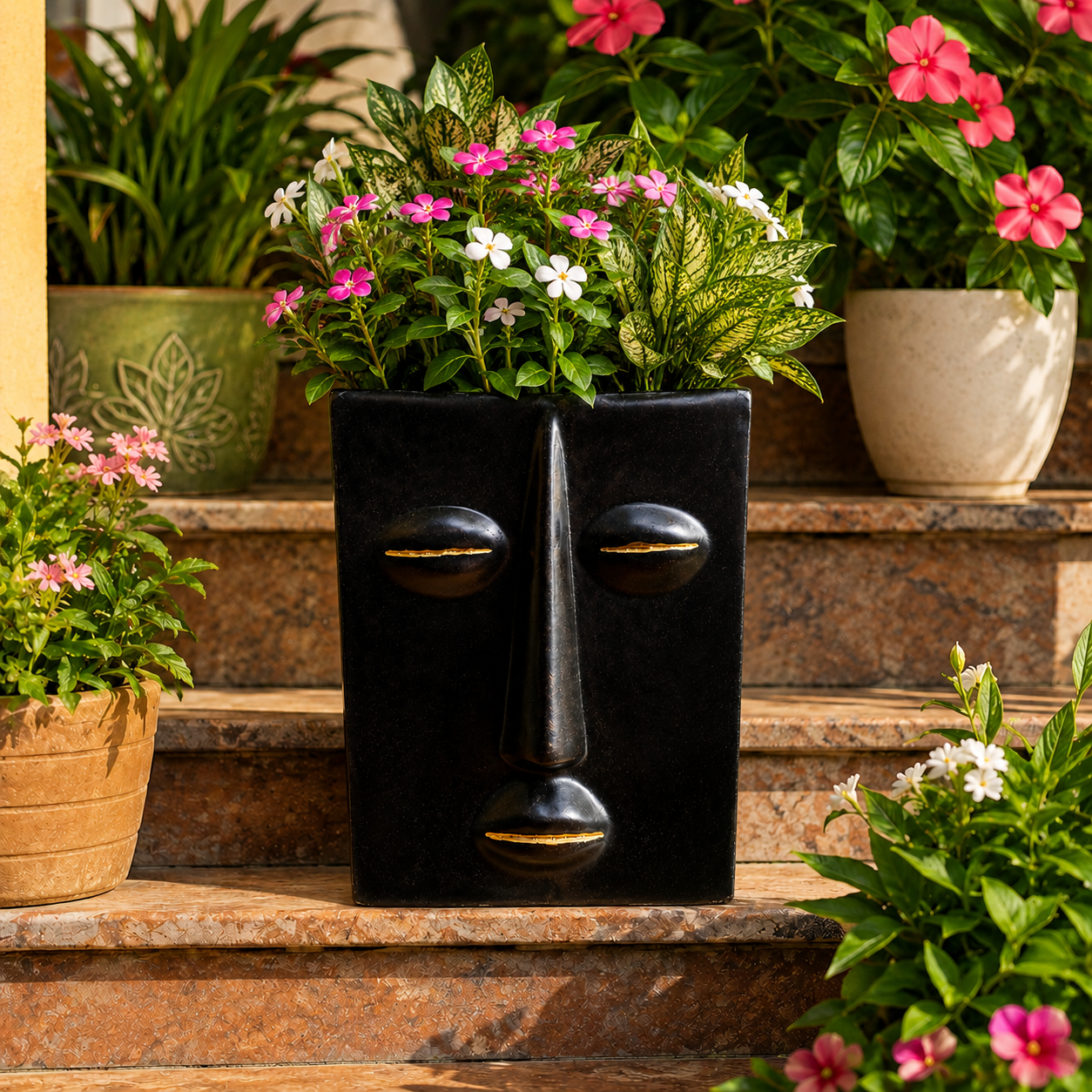 Handcrafted Black Face Planter with Golden Accents