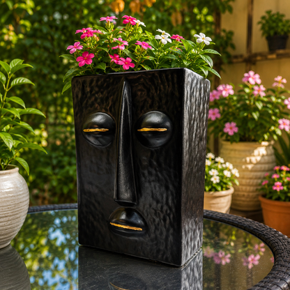 Handcrafted Black Face Planter with Golden Accents