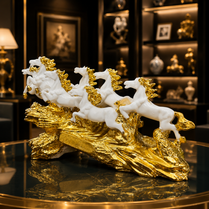 Elegant 7 Running Horses Sculpture with Gold Plating