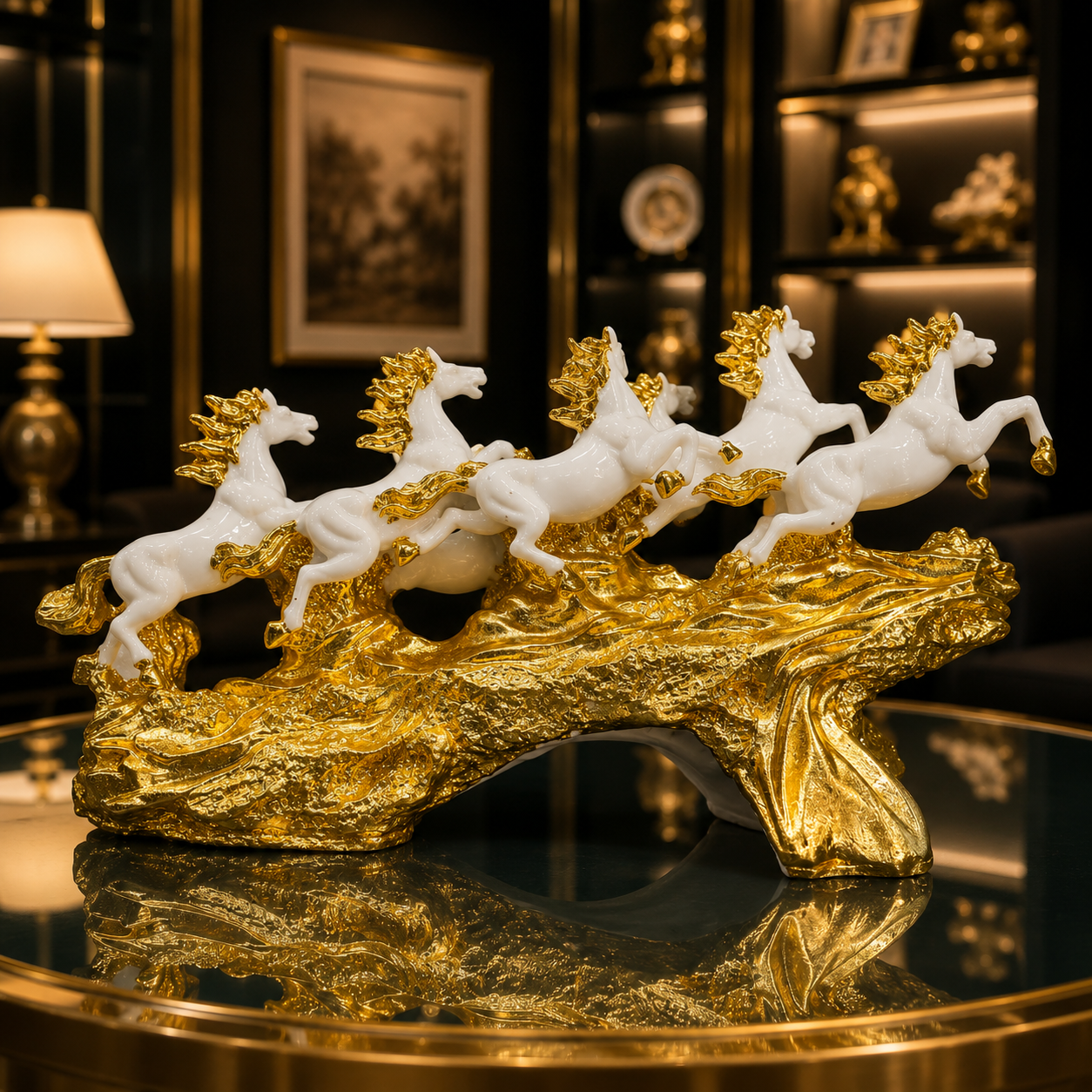 Elegant 7 Running Horses Sculpture with Gold Plating