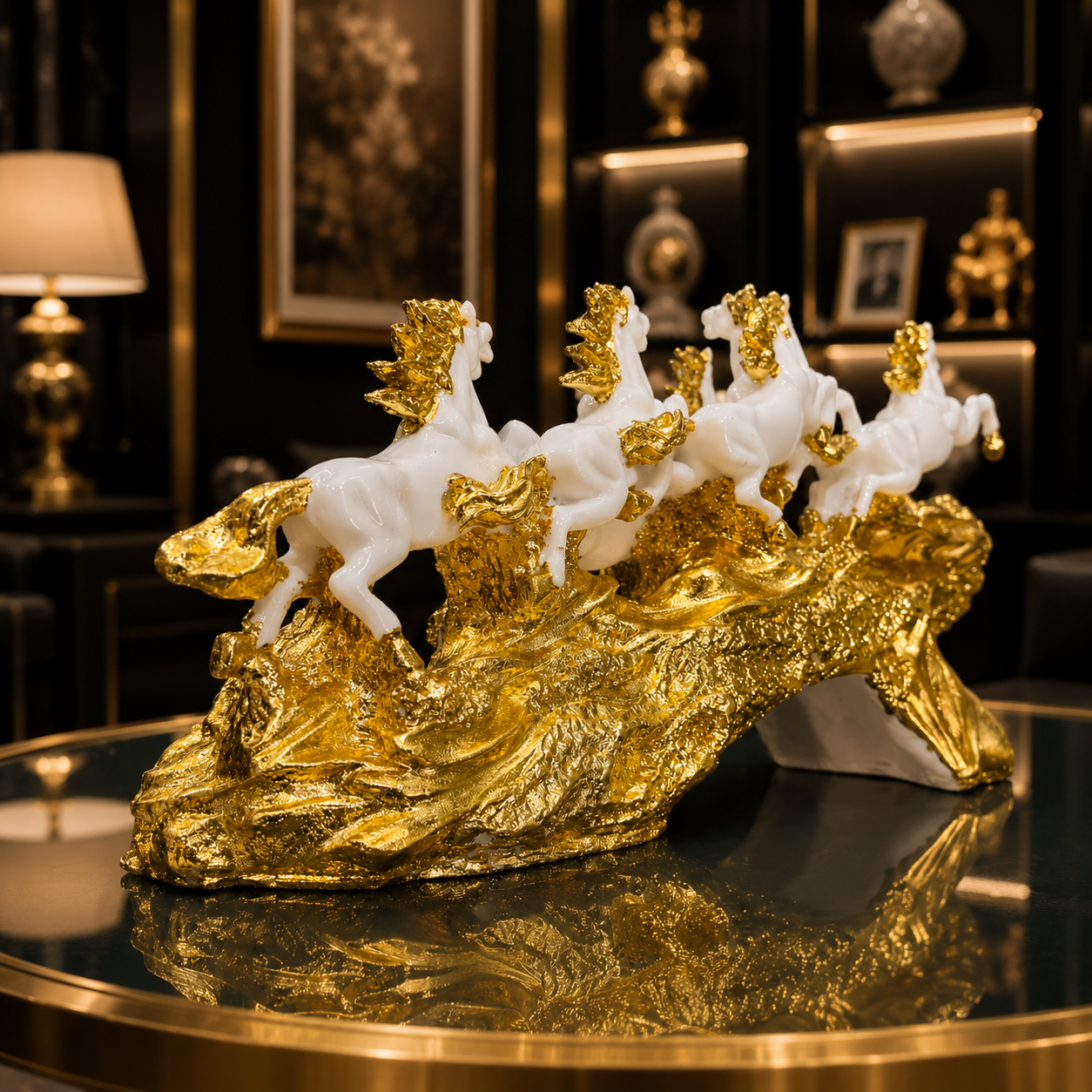 Elegant 7 Running Horses Sculpture with Gold Plating