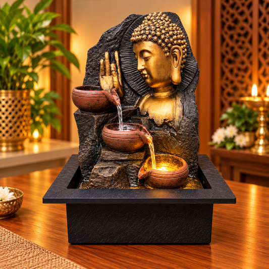 Buddha Water Fountain with 3-Tier Terracotta Bowls