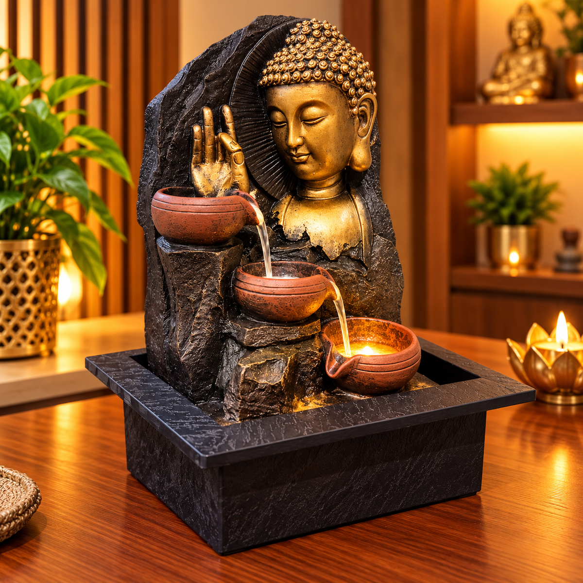 Buddha Water Fountain with 3-Tier Terracotta Bowls
