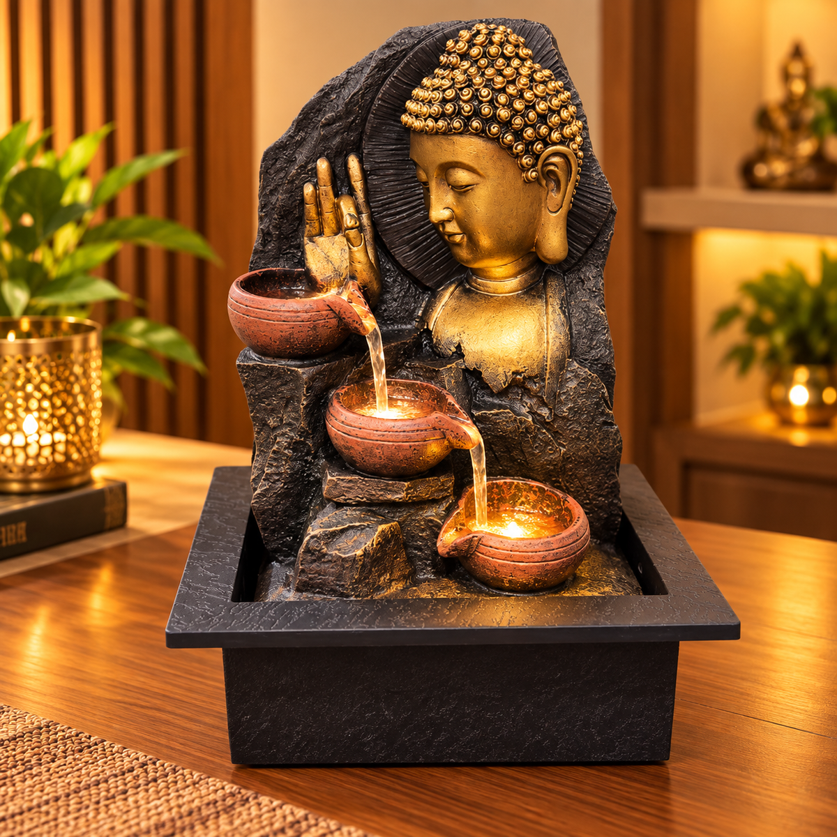 Buddha Water Fountain with 3-Tier Terracotta Bowls