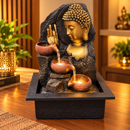 Buddha Water Fountain with 3-Tier Terracotta Bowls