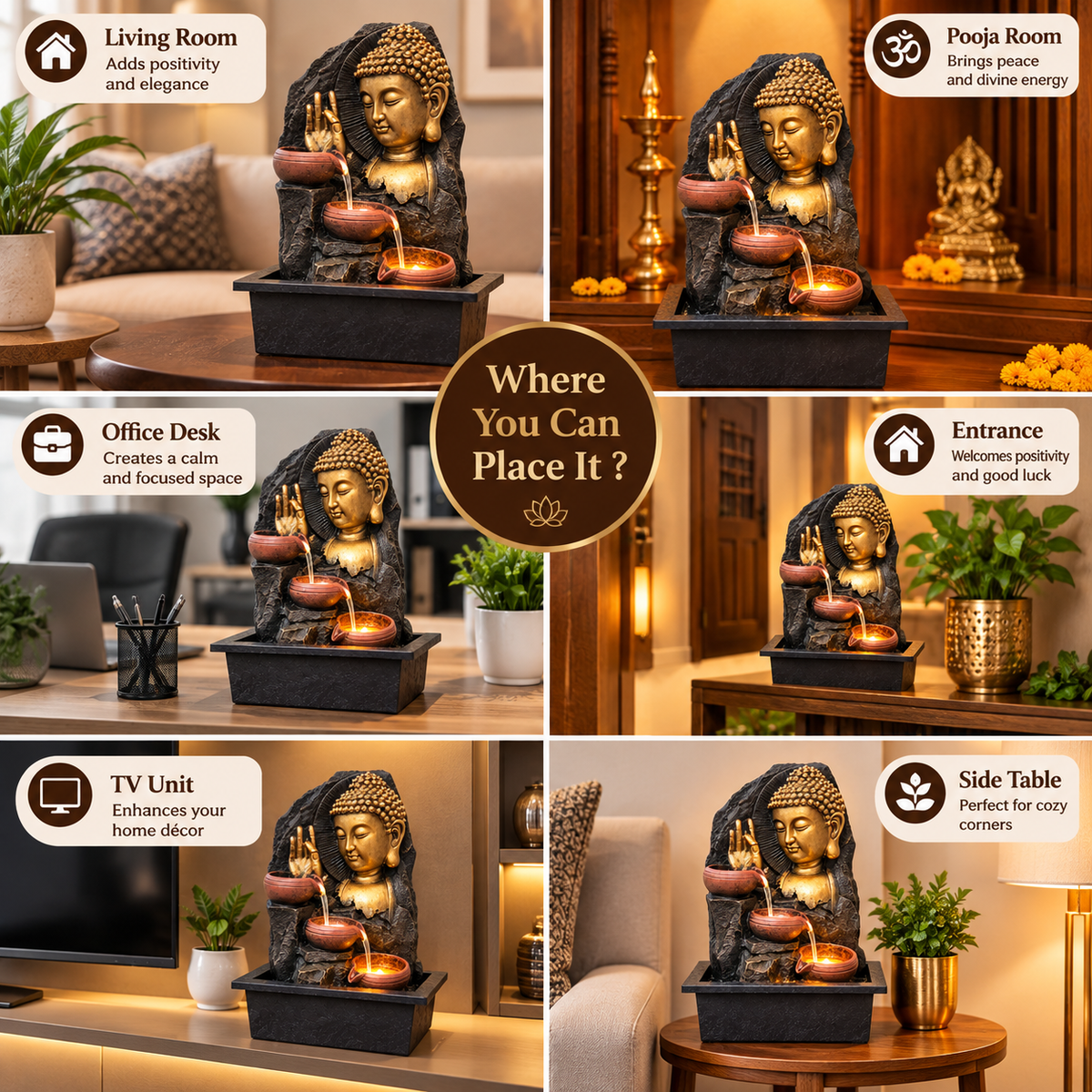Buddha Water Fountain with 3-Tier Terracotta Bowls